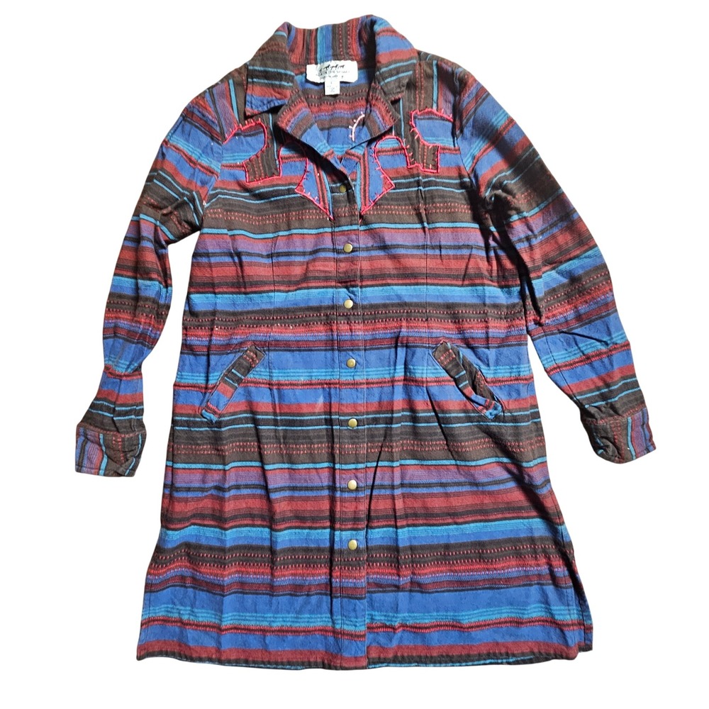 Back In The Saddle Womens Striped Western Shirt Dress Embroidery L Boho Festival